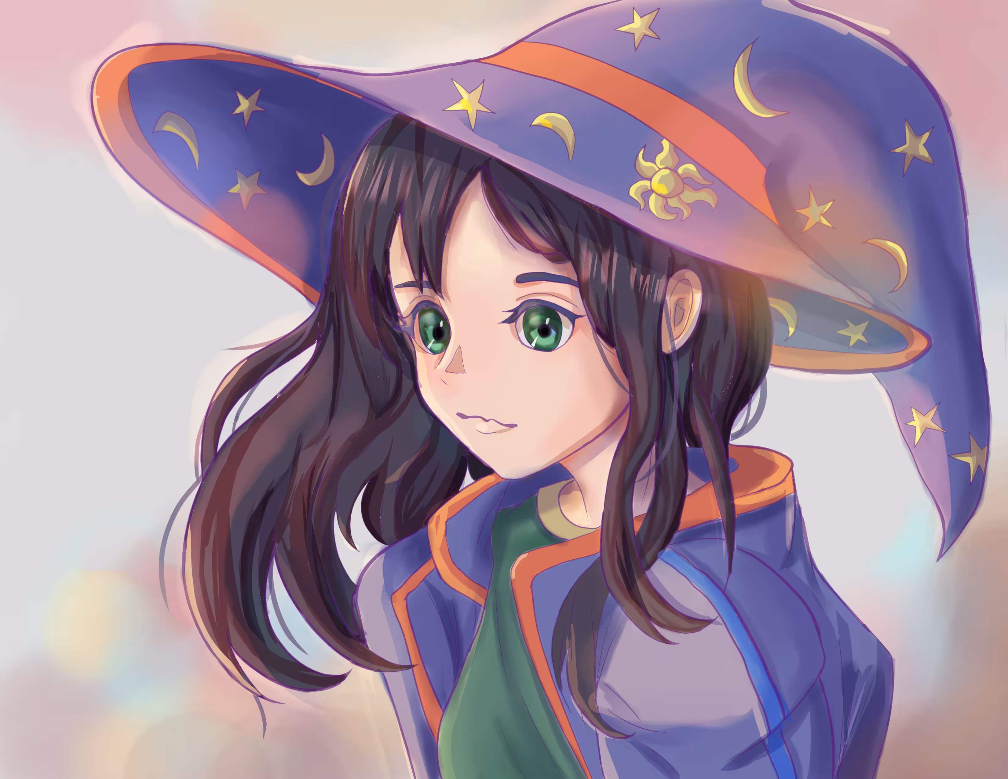 A woman wearing a purple wizard outfit with black hair.