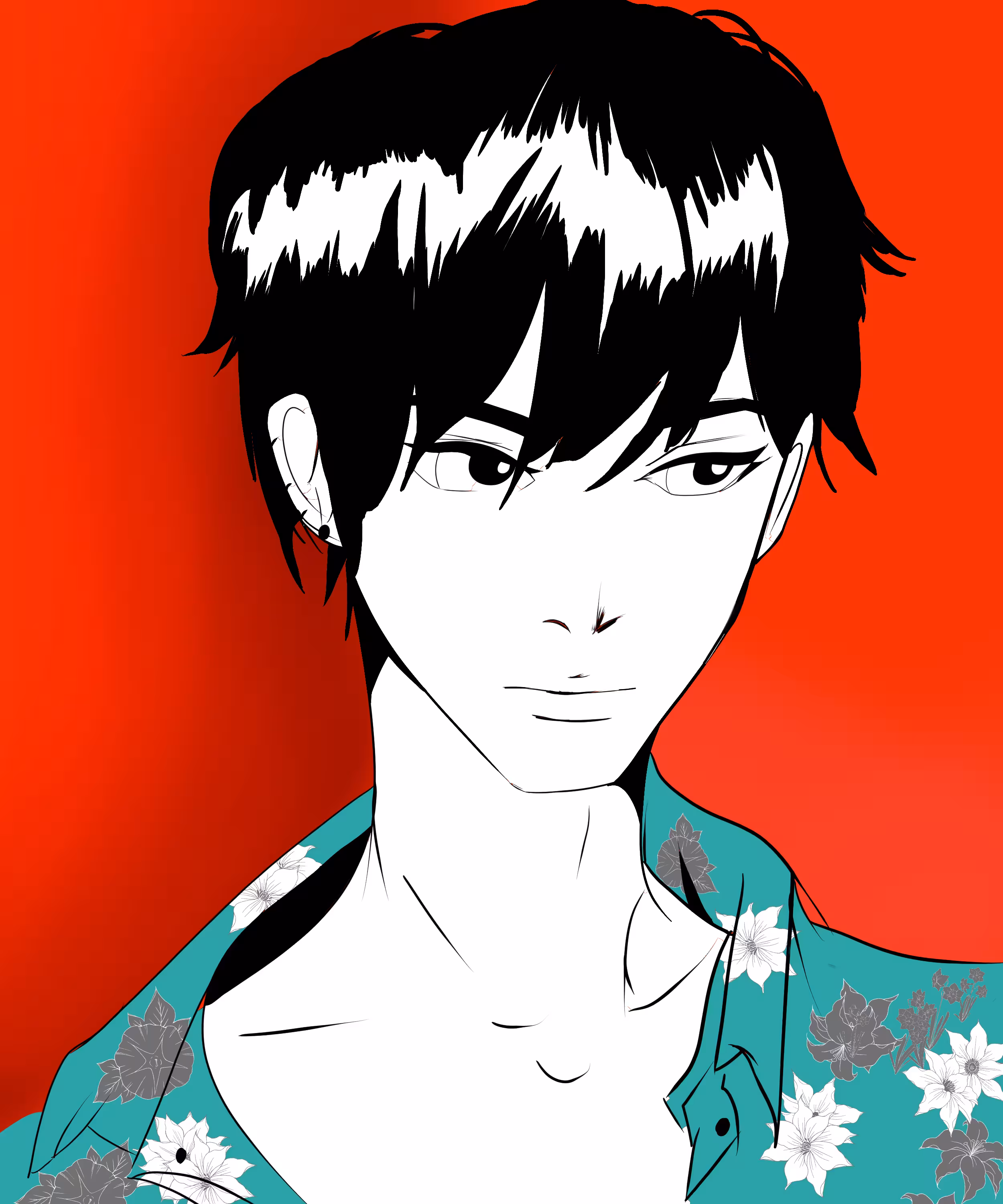 A black and white image of a man in a turqoise shirt and a red background