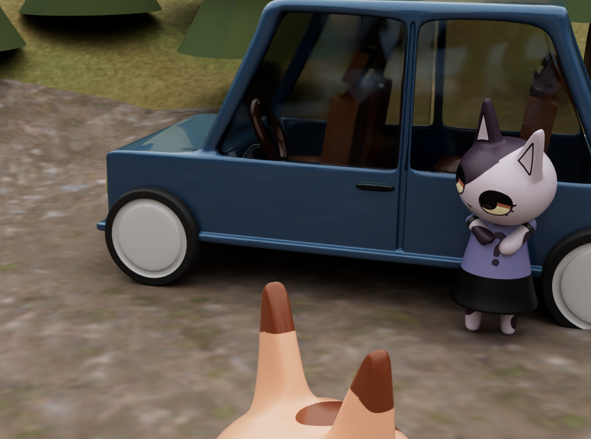 Screenshot from the animation camp with two cartoonlike cats standing around a car.