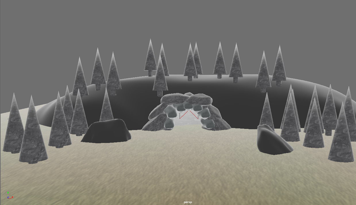 A 3D model of a cave with surrounding trees.